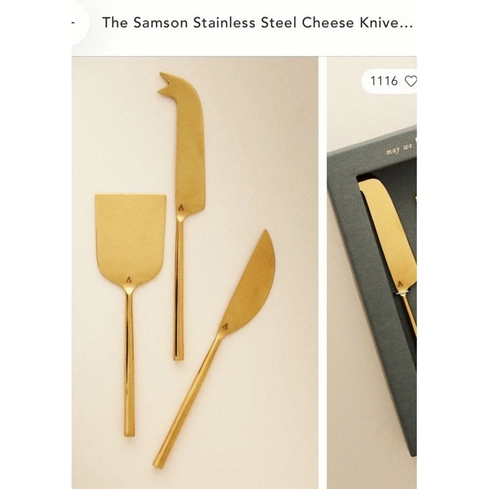Stainless Steel Gold Cheese Knives Set of 3 – Hard, Flat, Pronged